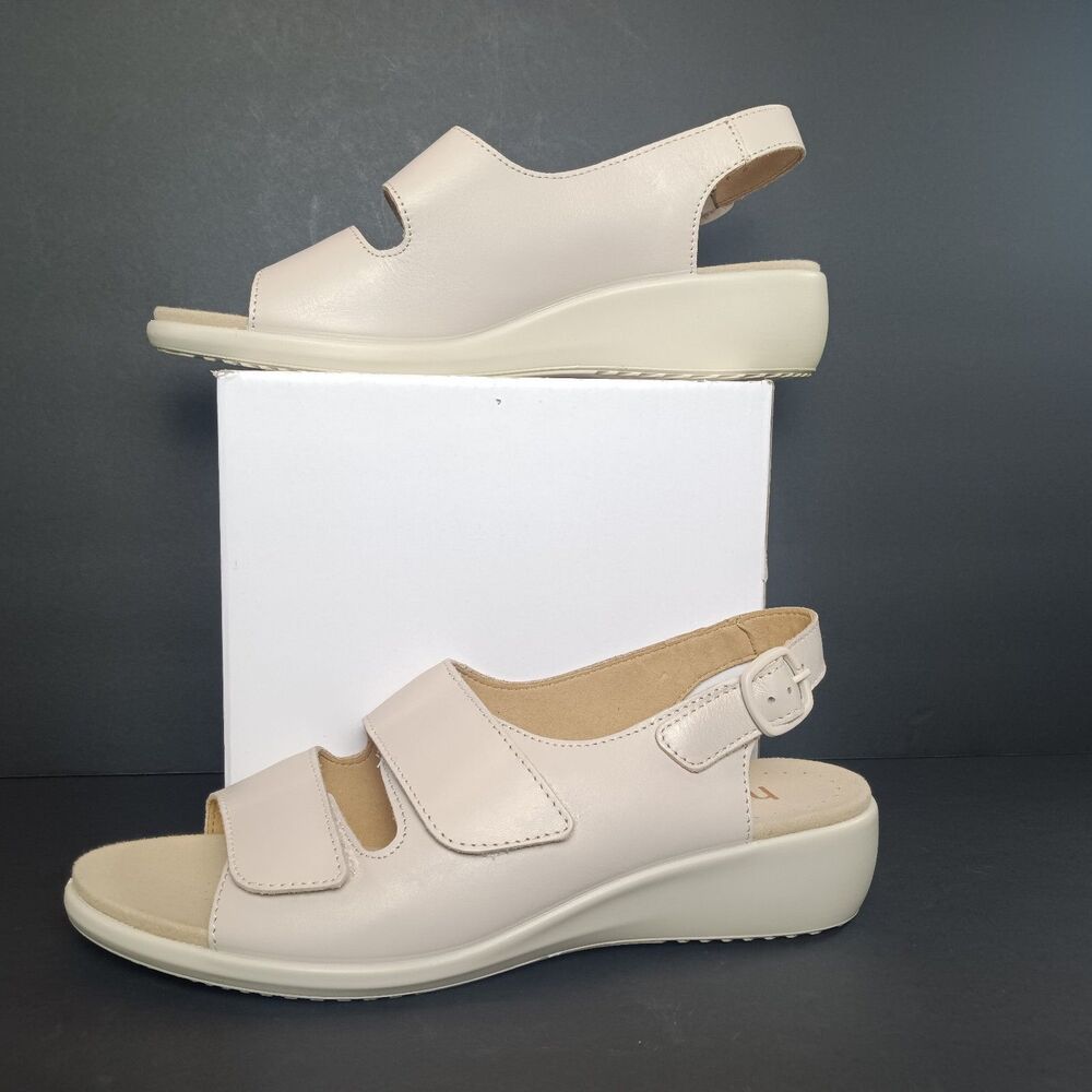Hotter Easy Sandals Beige Leather Low Wedge Comfort Walking Shoes Womens 8